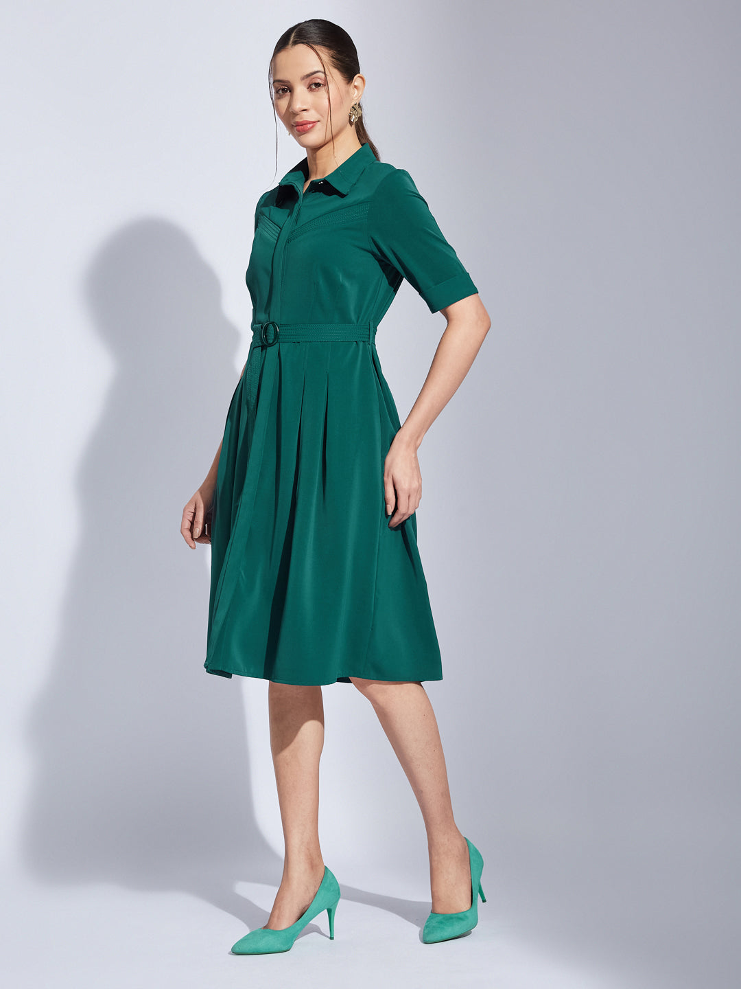 Latin Quarters Women Green Collared Neck Half Sleeves Solid Shirt Dress For Casual