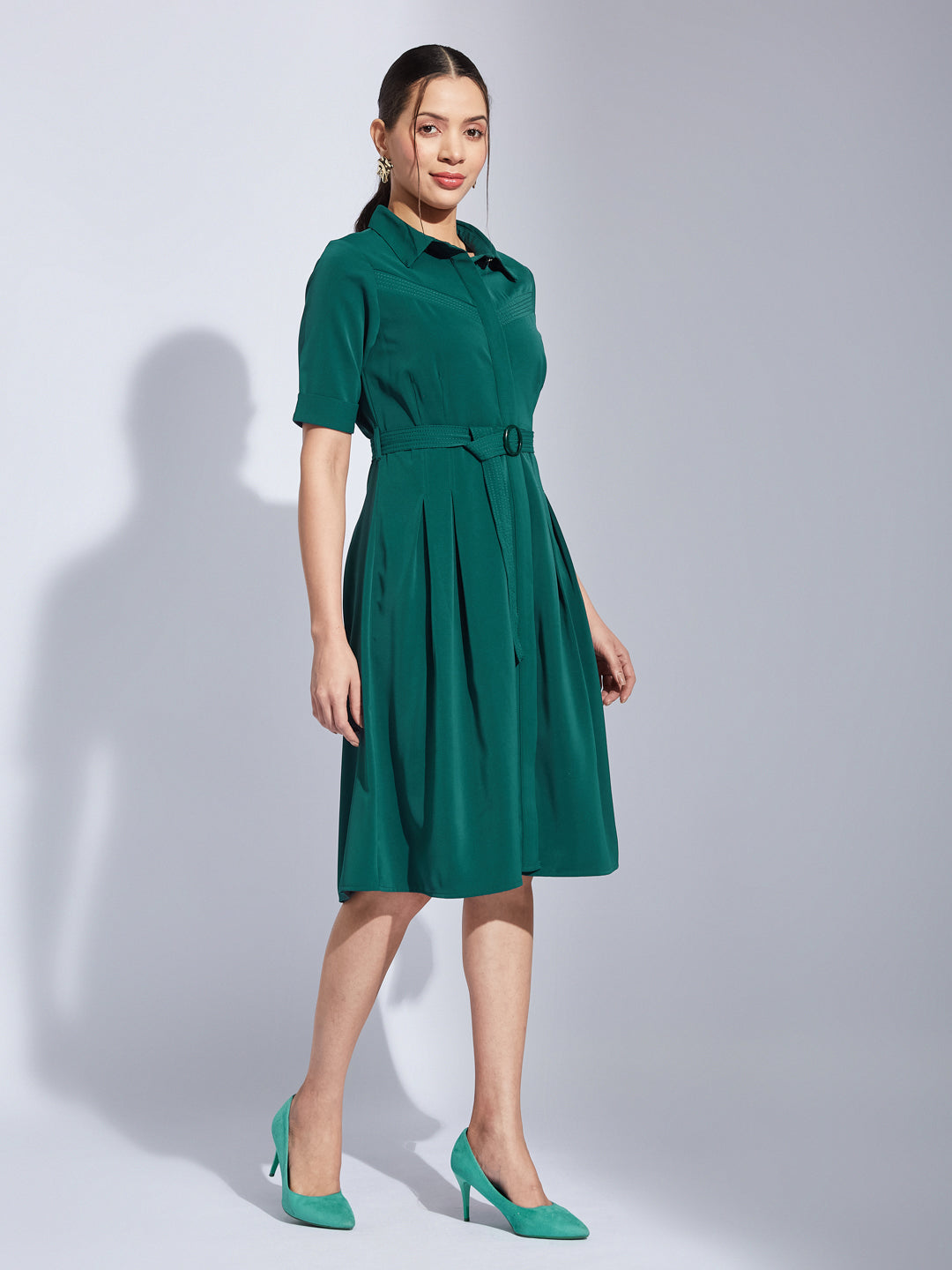 Latin Quarters Women Green Collared Neck Half Sleeves Solid Shirt Dress For Casual