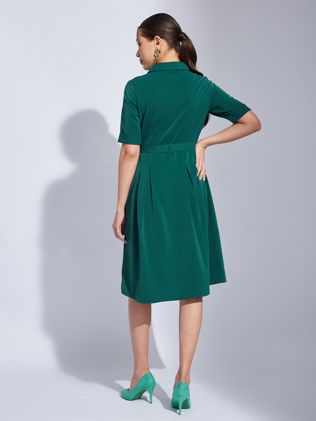 Latin Quarters Women Green Collared Neck Half Sleeves Solid Shirt Dress For Casual