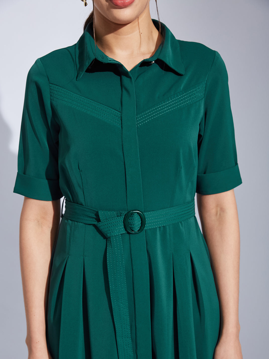 Latin Quarters Women Green Collared Neck Half Sleeves Solid Shirt Dress For Casual