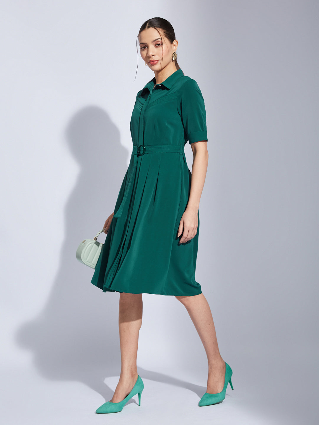 Latin Quarters Women Green Collared Neck Half Sleeves Solid Shirt Dress For Casual