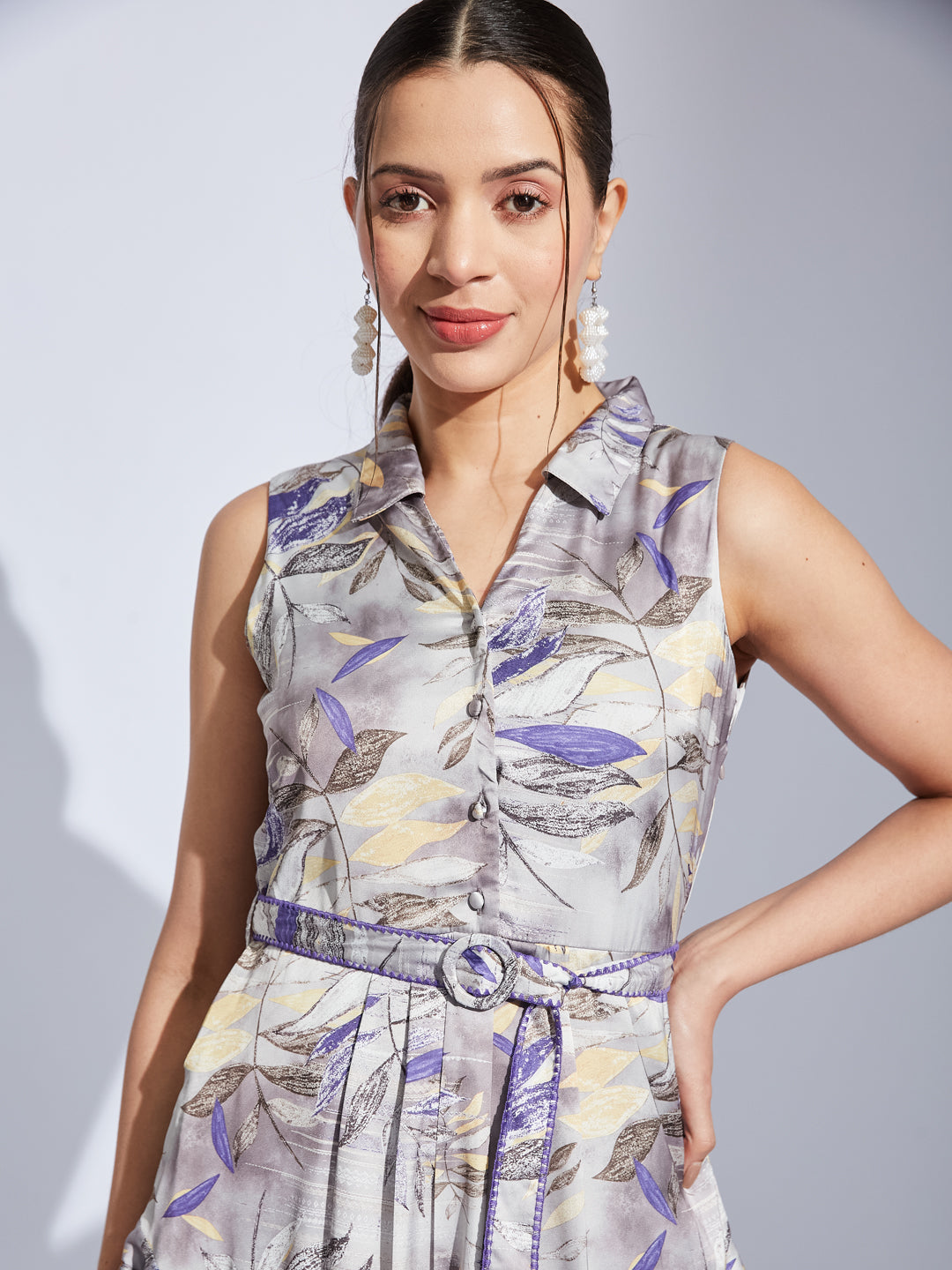 Latin Quarters Women Purple Collared Sleeveless Printed A-Line Dress For Casual Wear