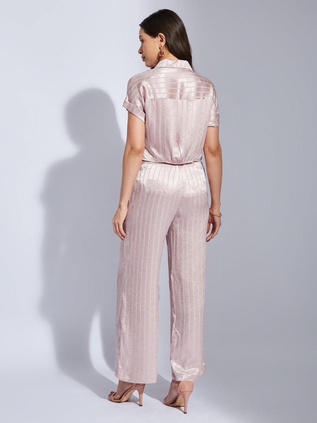 Latin Quarters Women Pink Collared Short Sleeve Striped Cordset Dress For Casual Wear