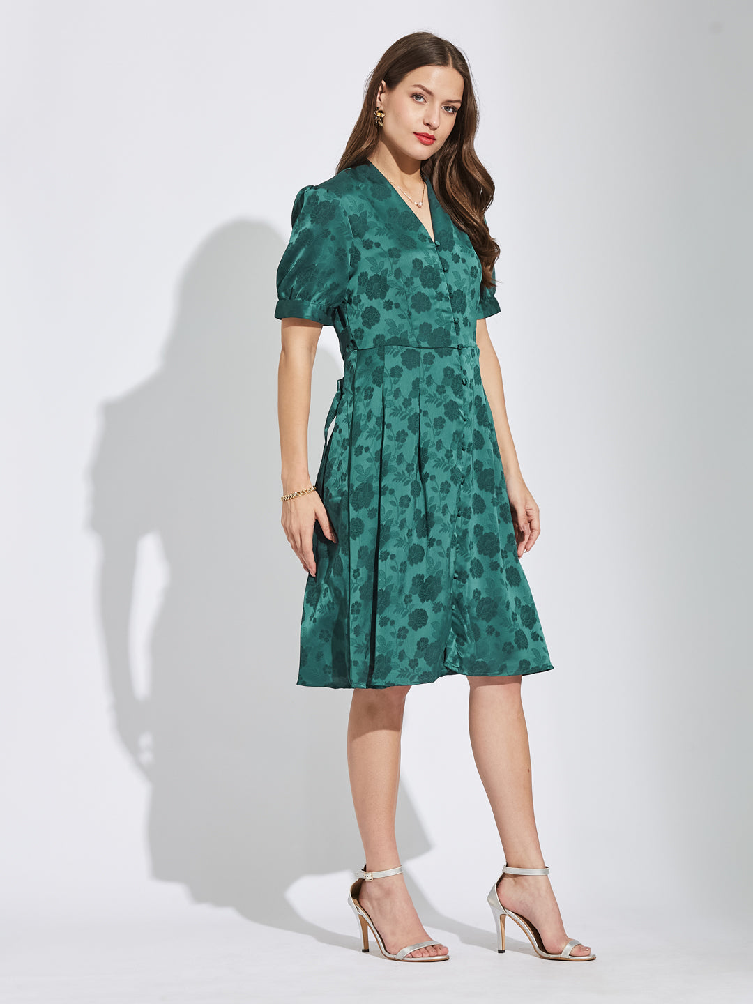 Latin Quarters Women Green V-Neck Half Sleeves Printed A-Line Dress For Party Wear