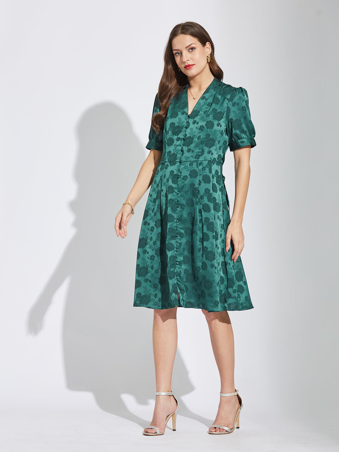 Latin Quarters Women Green V-Neck Half Sleeves Printed A-Line Dress For Party Wear