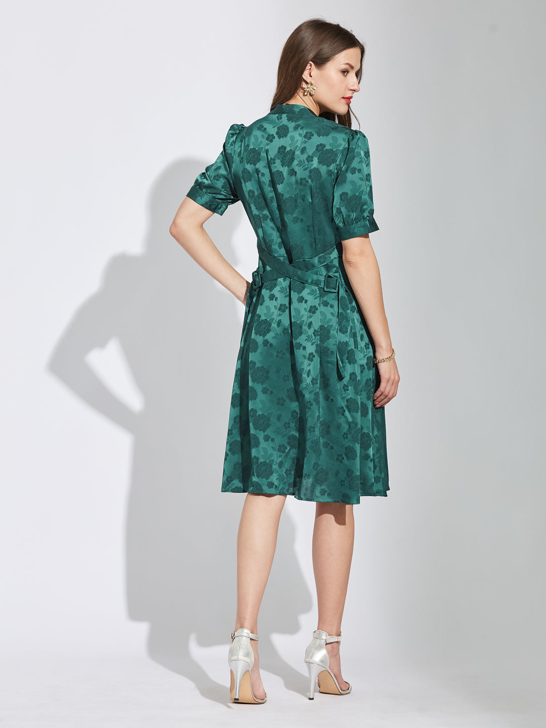 Latin Quarters Women Green V-Neck Half Sleeves Printed A-Line Dress For Party Wear