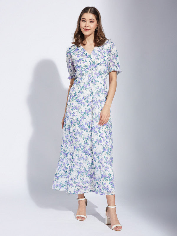 Latin Quarter Women Blue V-Neck Half Sleeve Printed A-Line Dress For Casual Wear