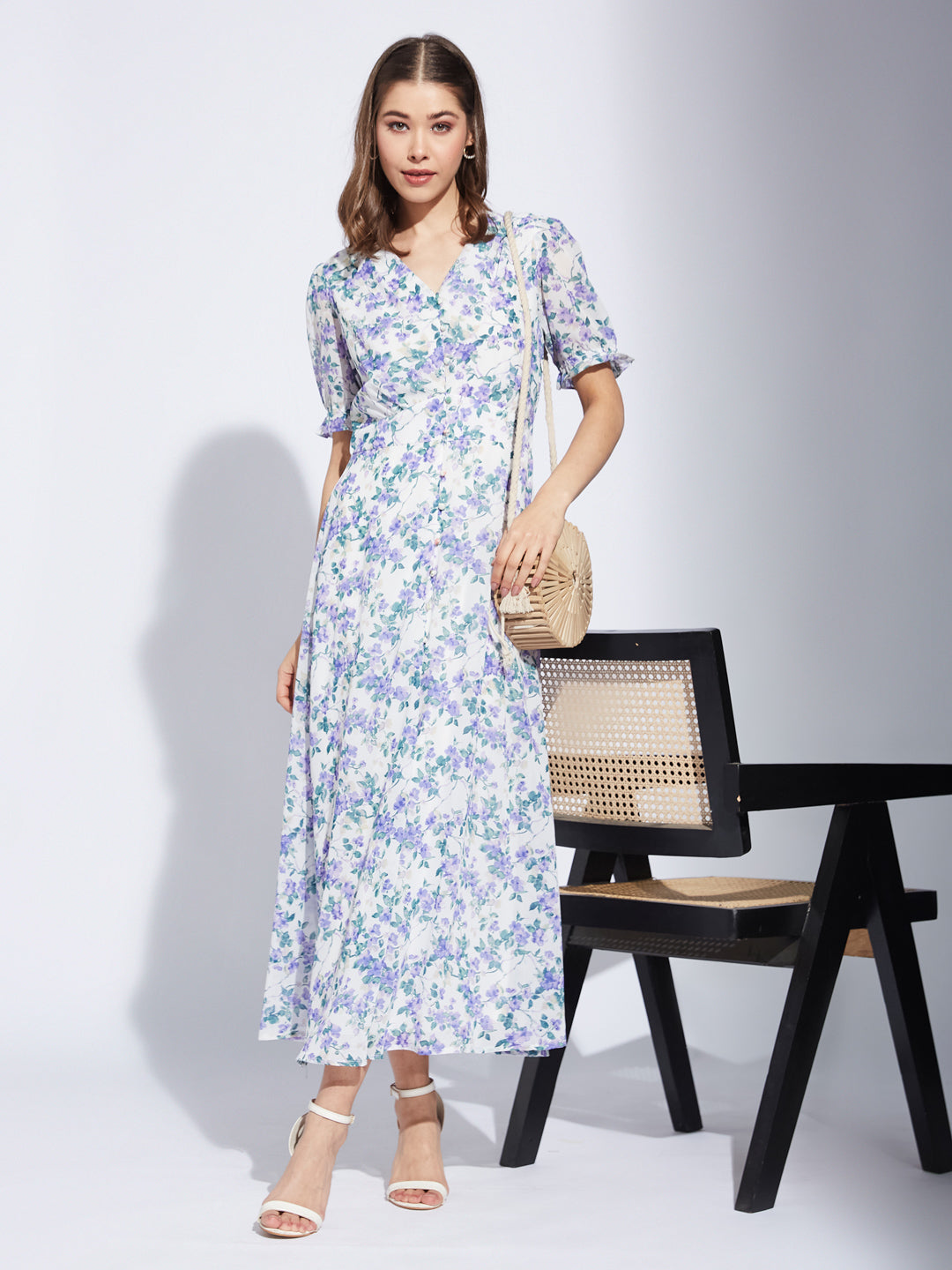 Latin Quarter Women Blue V-Neck Half Sleeve Printed A-Line Dress For Casual Wear