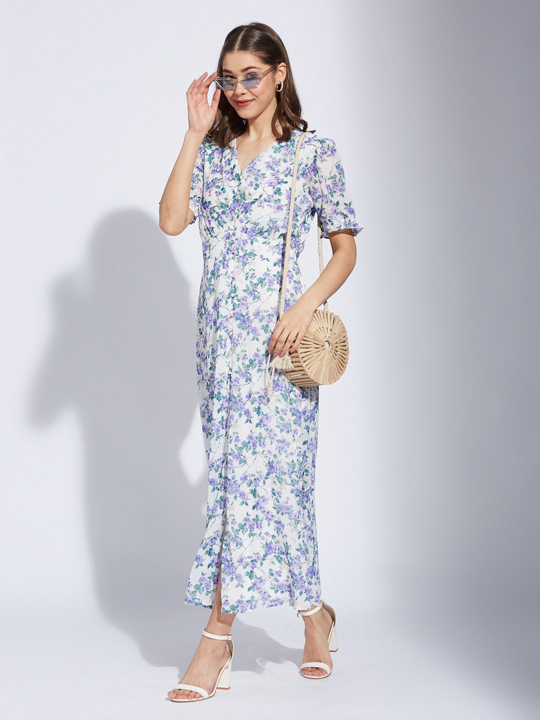 Latin Quarter Women Blue V-Neck Half Sleeve Printed A-Line Dress For Casual Wear