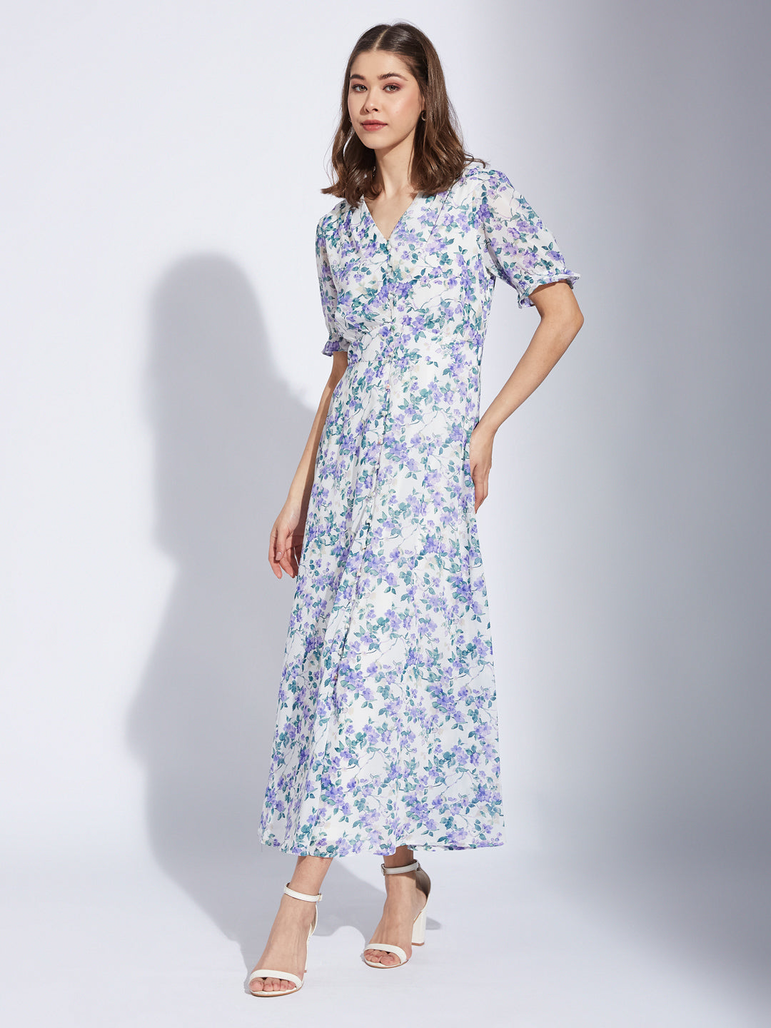 Latin Quarter Women Blue V-Neck Half Sleeve Printed A-Line Dress For Casual Wear