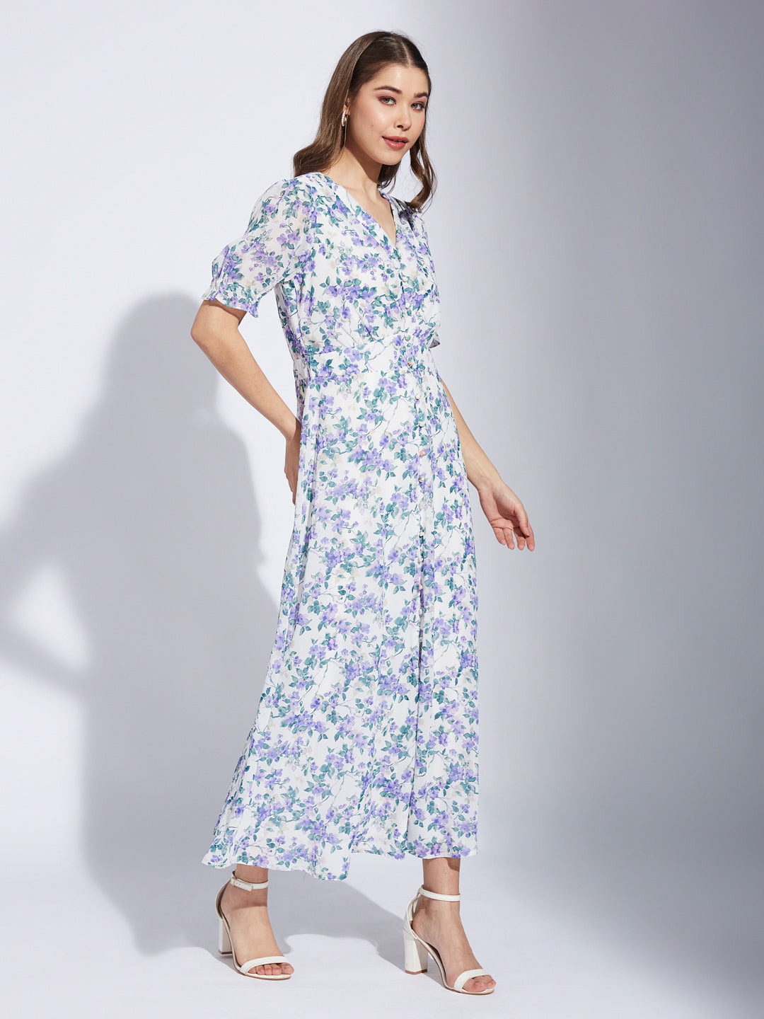 Latin Quarter Women Blue V-Neck Half Sleeve Printed A-Line Dress For Casual Wear