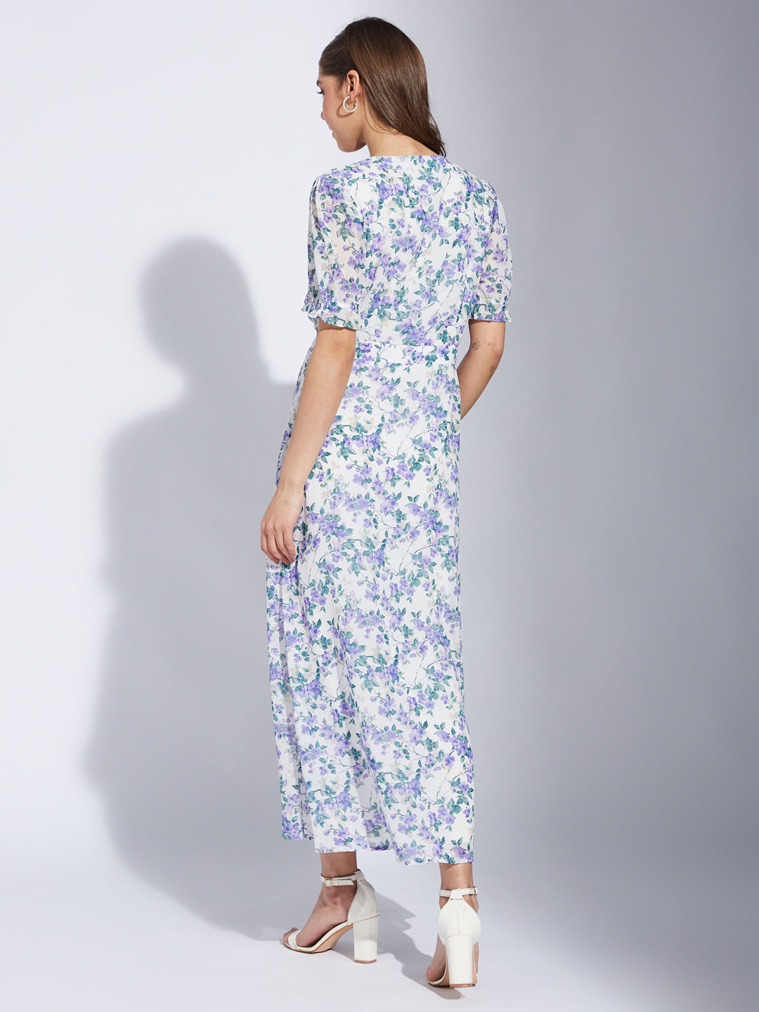 Latin Quarter Women Blue V-Neck Half Sleeve Printed A-Line Dress For Casual Wear