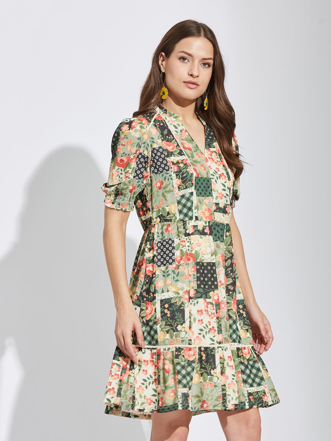 Latin Quarters Women Green Mandarin Collar Half Sleeves Printed A-Line Dress For Casual Wear