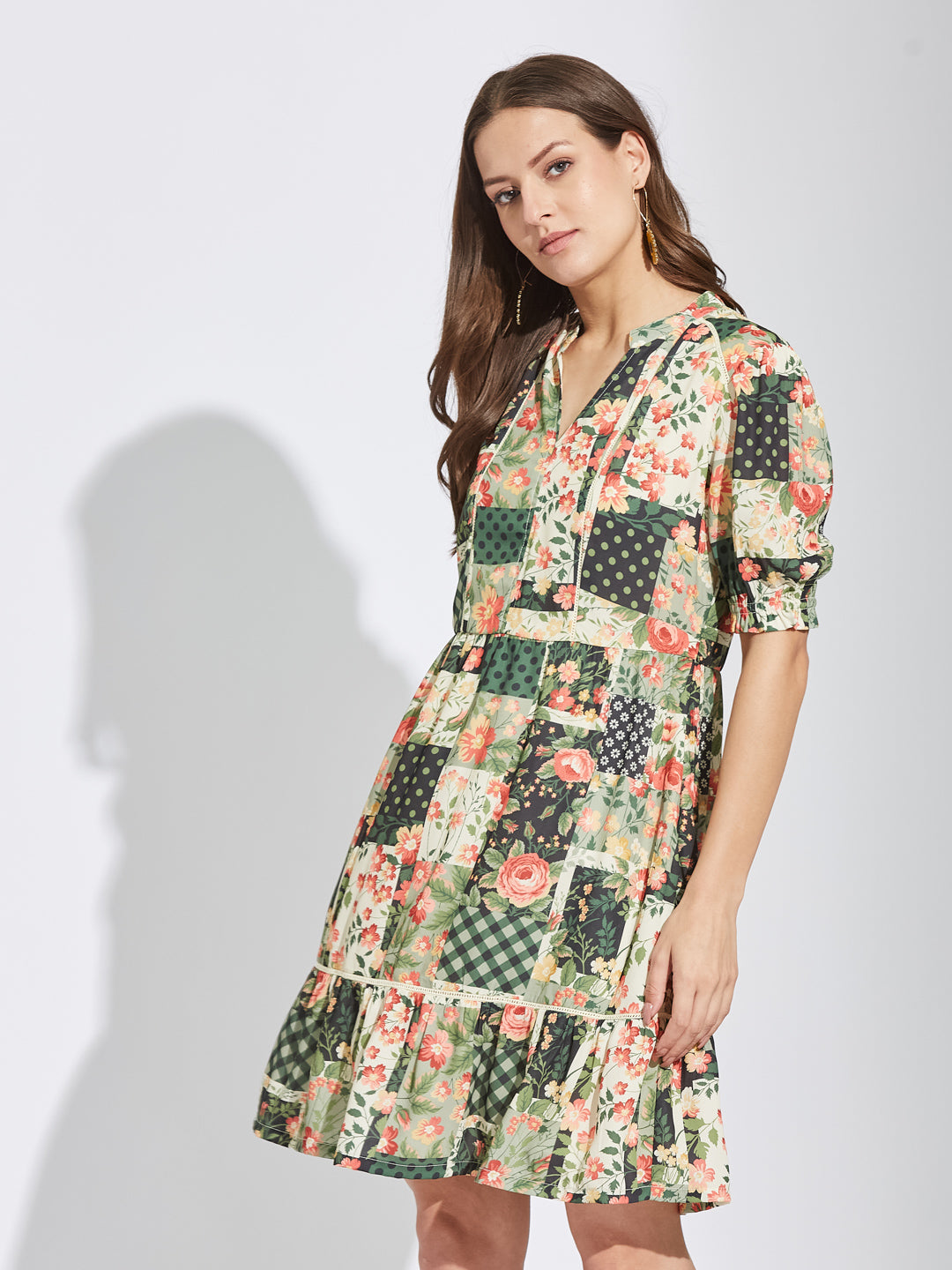 Latin Quarters Women Green Mandarin Collar Half Sleeves Printed A-Line Dress For Casual Wear
