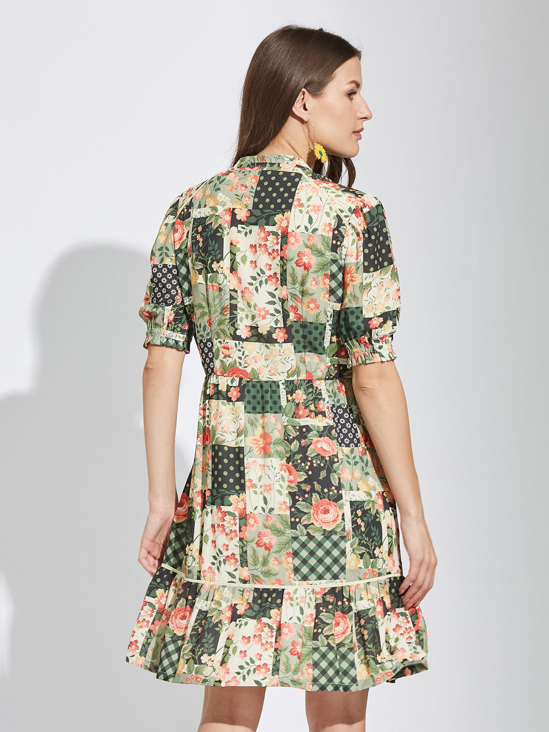 Latin Quarters Women Green Mandarin Collar Half Sleeves Printed A-Line Dress For Casual Wear