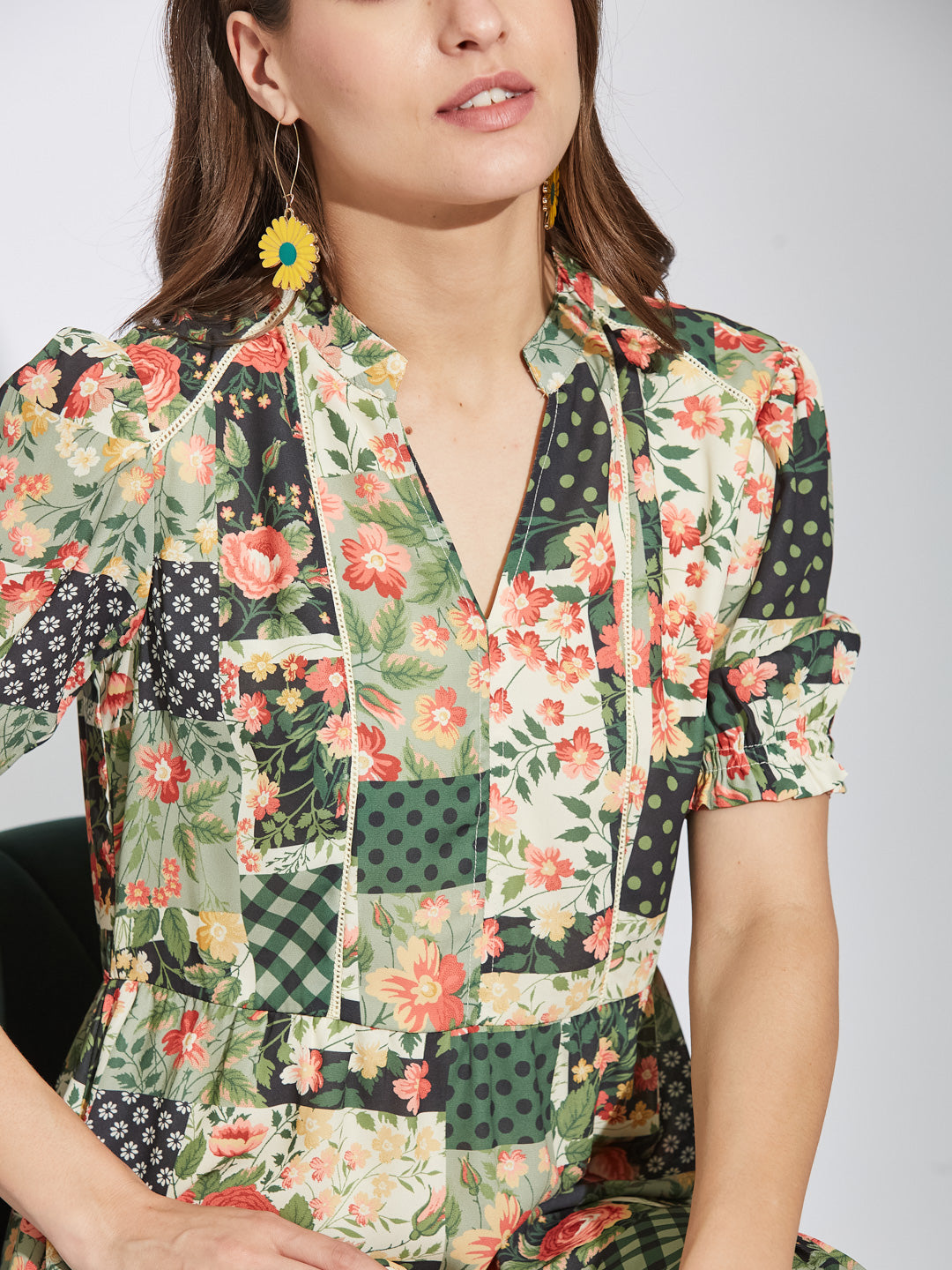 Latin Quarters Women Green Mandarin Collar Half Sleeves Printed A-Line Dress For Casual Wear