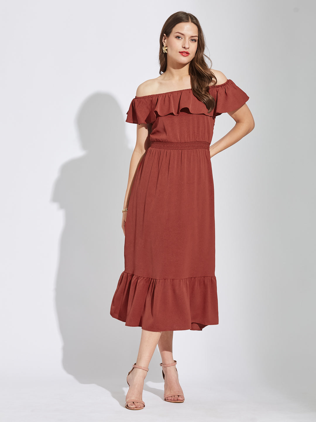Latin Quarters Women Rust Square Neck Cap Sleeves Solid A-Line Dress For Casual Wear