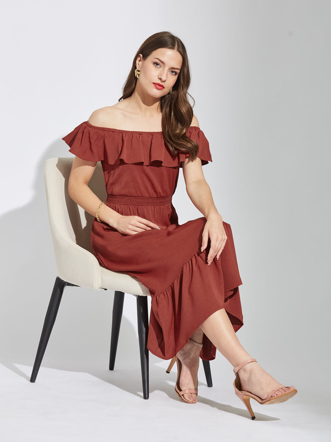 Latin Quarters Women Rust Square Neck Cap Sleeves Solid A-Line Dress For Casual Wear
