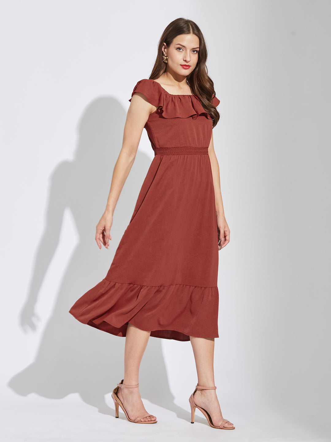 Latin Quarters Women Rust Square Neck Cap Sleeves Solid A-Line Dress For Casual Wear