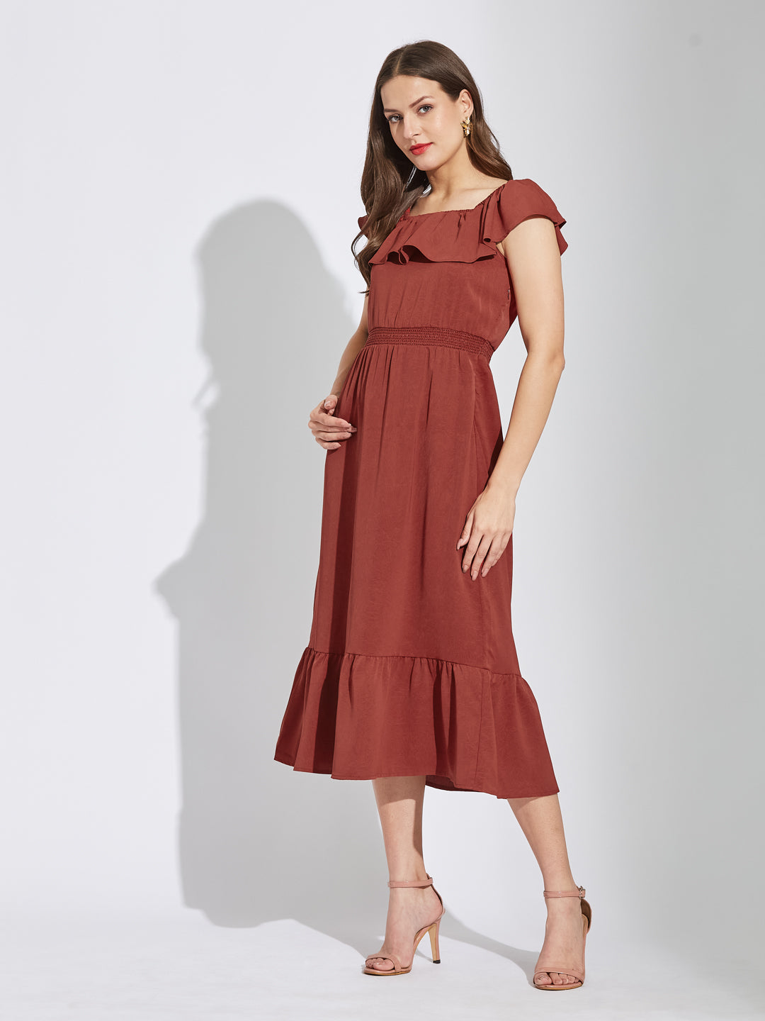 Latin Quarters Women Rust Square Neck Cap Sleeves Solid A-Line Dress For Casual Wear