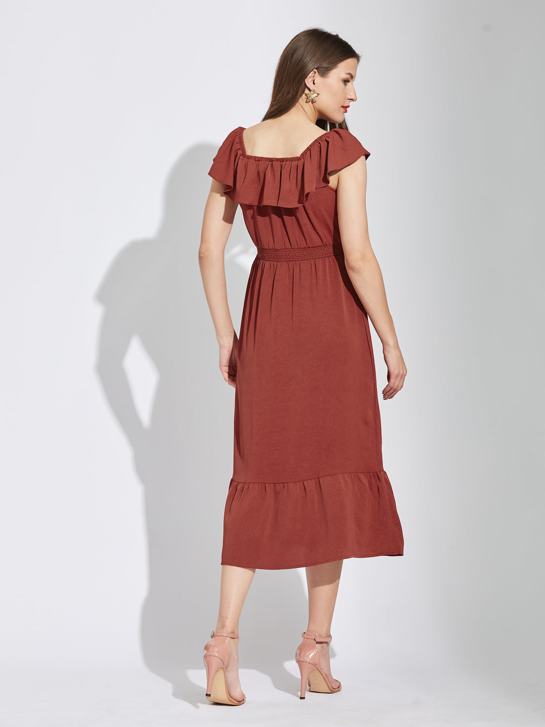 Latin Quarters Women Rust Square Neck Cap Sleeves Solid A-Line Dress For Casual Wear