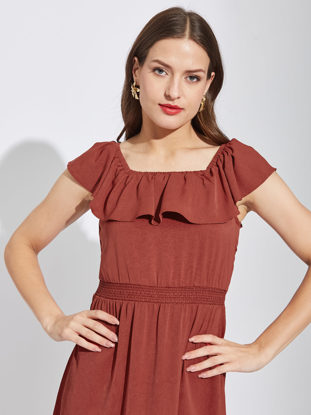 Latin Quarters Women Rust Square Neck Cap Sleeves Solid A-Line Dress For Casual Wear