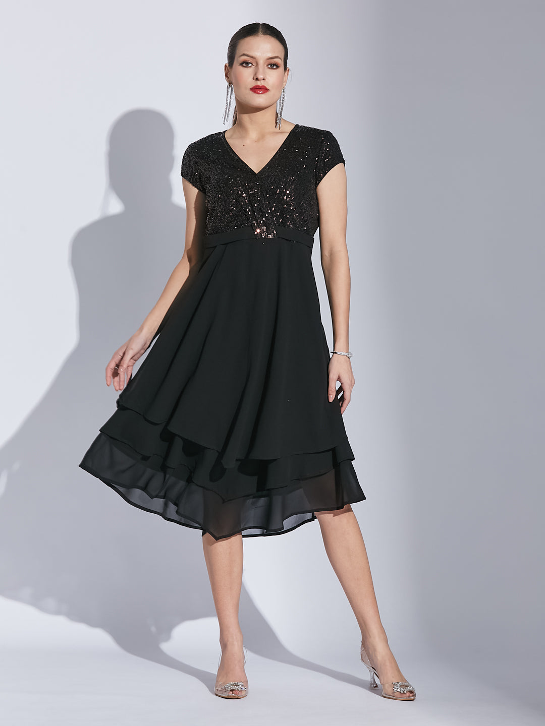 Latin Quarters Women's Black Sequin V-Neck Two-Tiered Dress