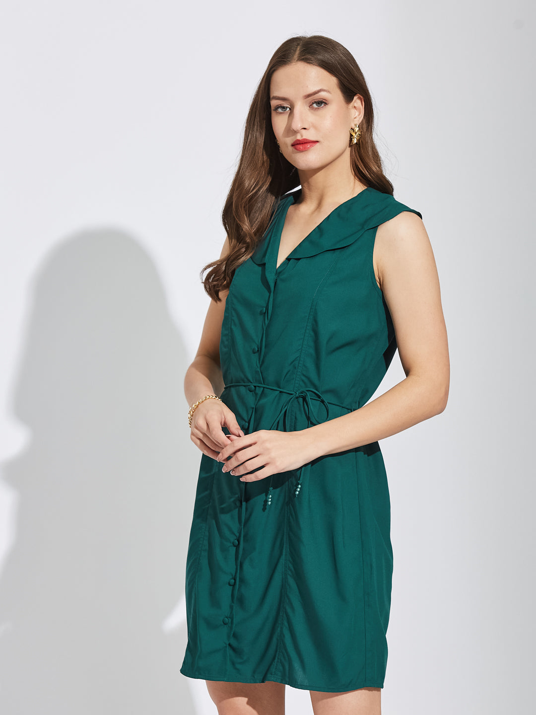 Latin Quarters Women Teal V-Neck Sleeveless Solid A-Line Dress For Casual Wear