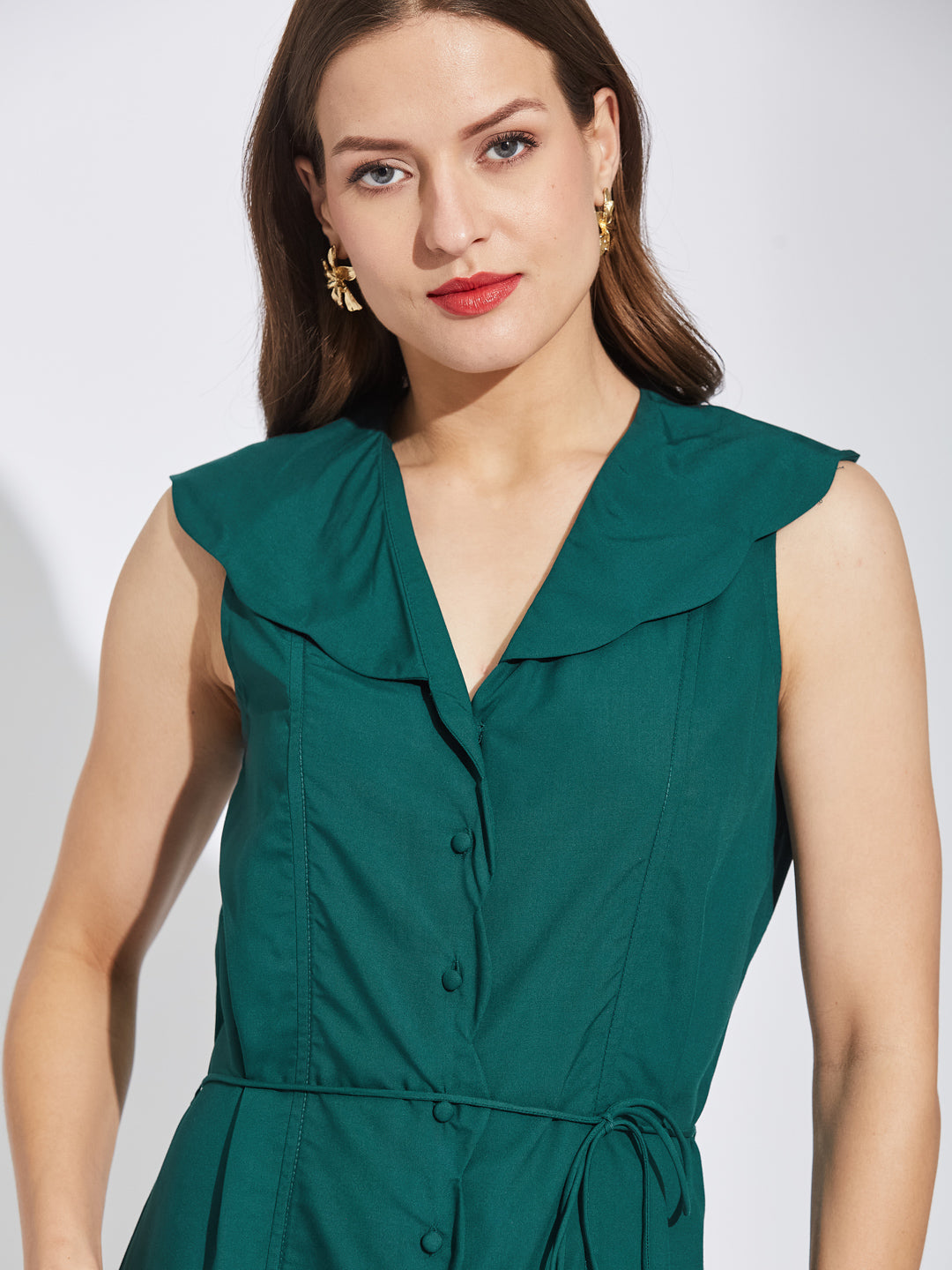 Latin Quarters Women Teal V-Neck Sleeveless Solid A-Line Dress For Casual Wear