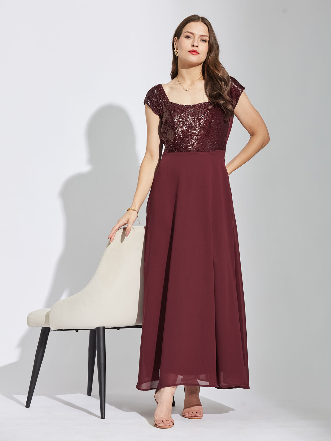Latin Quarters Women Maroon Square Neck Cap Sleeves Solid Fit & Flare Dress For Party Wear