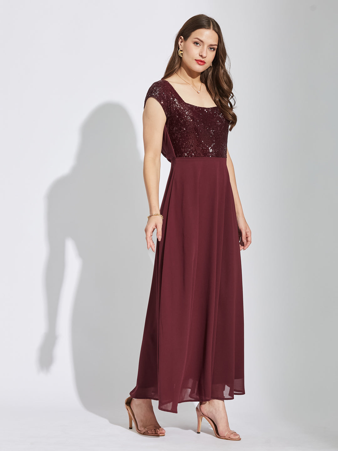 Latin Quarters Women Maroon Square Neck Cap Sleeves Solid Fit & Flare Dress For Party Wear