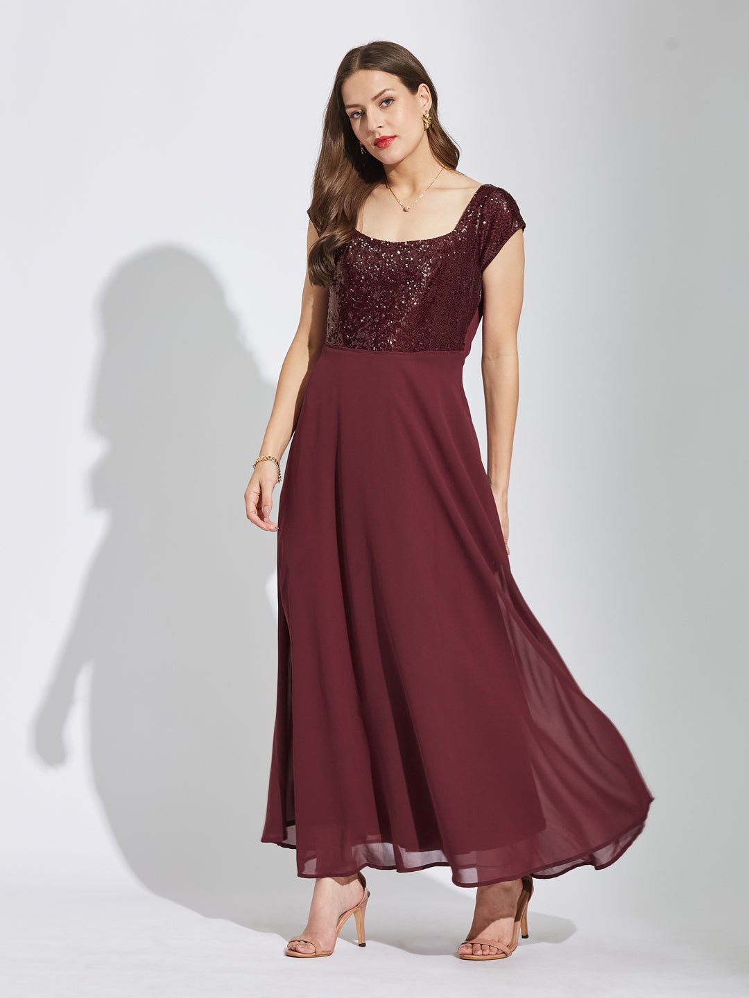 Latin Quarters Women Maroon Square Neck Cap Sleeves Solid Fit & Flare Dress For Party Wear