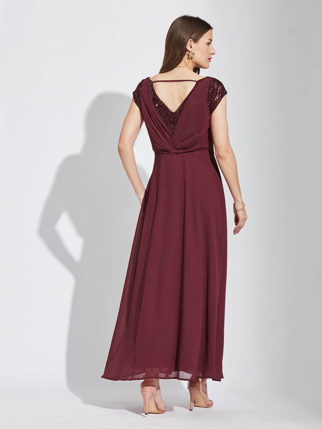 Latin Quarters Women Maroon Square Neck Cap Sleeves Solid Fit & Flare Dress For Party Wear