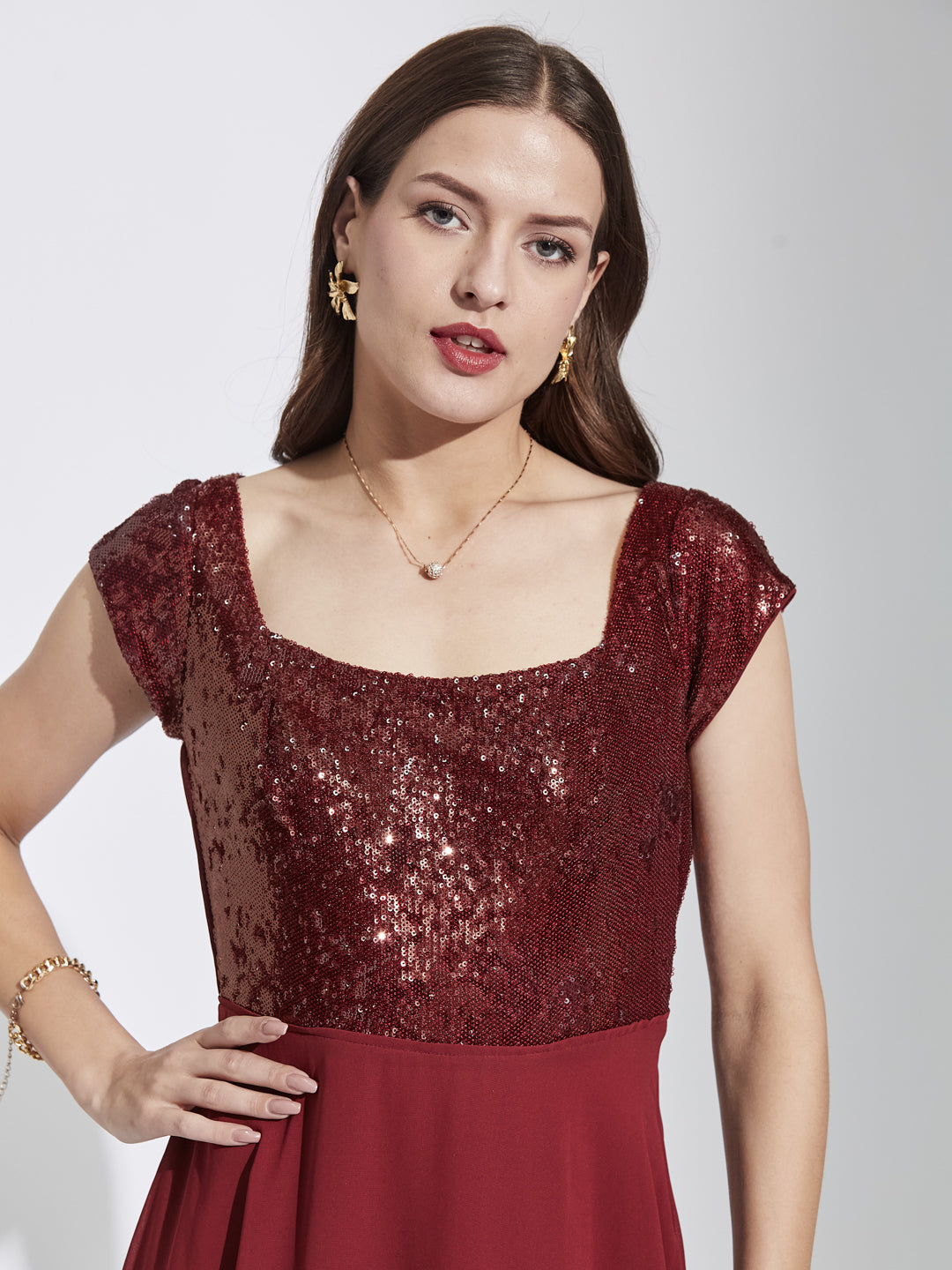 Latin Quarters Women Maroon Square Neck Cap Sleeves Solid Fit & Flare Dress For Party Wear
