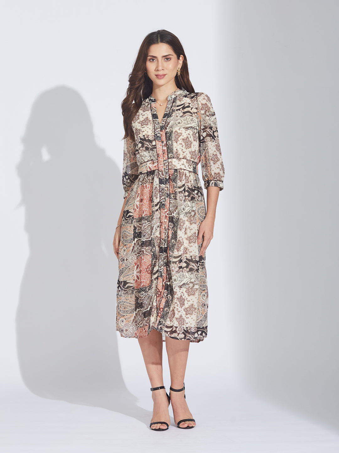 Latin Quarters Women's Black Patchwork Print Button-Front Maxi Dress