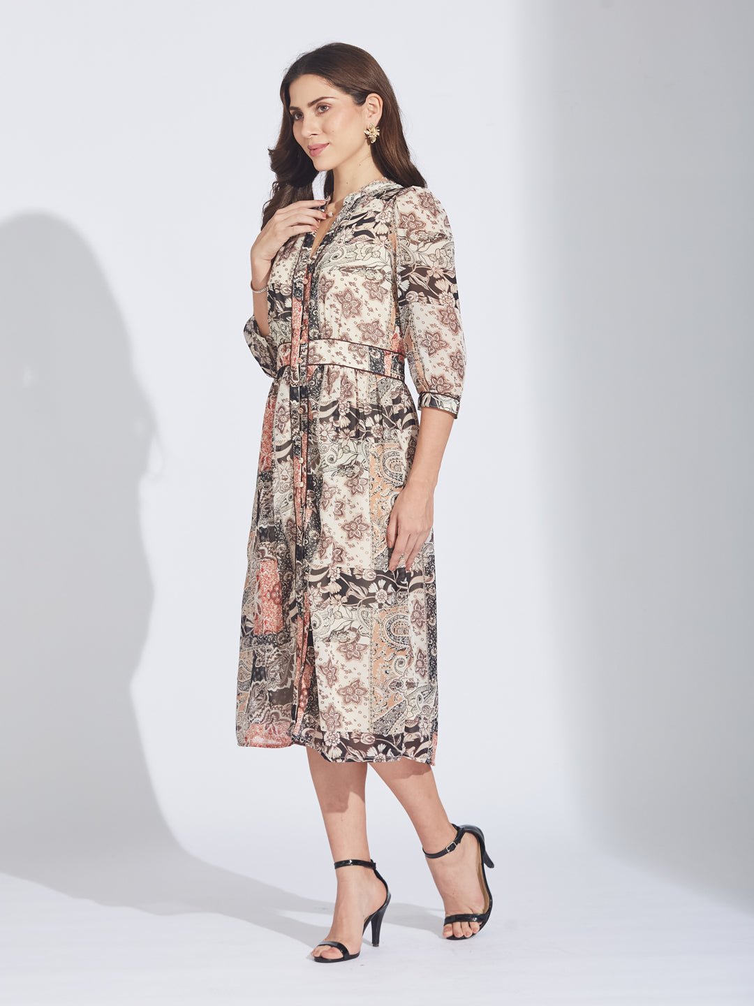 Latin Quarters Women's Black Patchwork Print Button-Front Maxi Dress