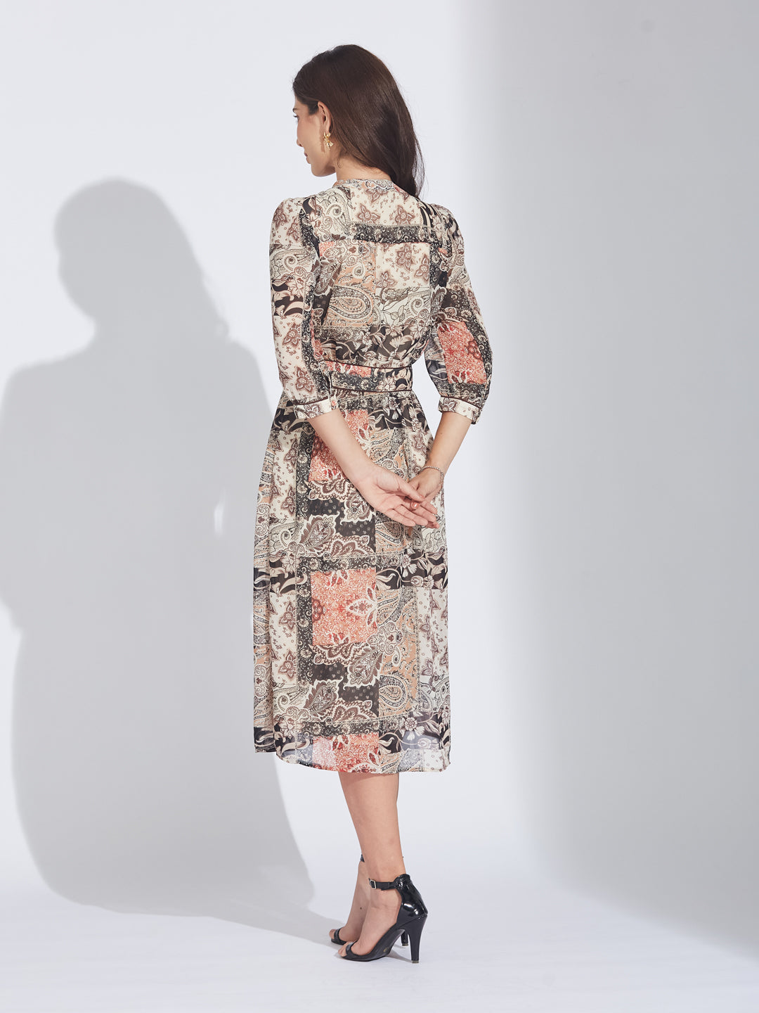 Latin Quarters Women's Black Patchwork Print Button-Front Maxi Dress