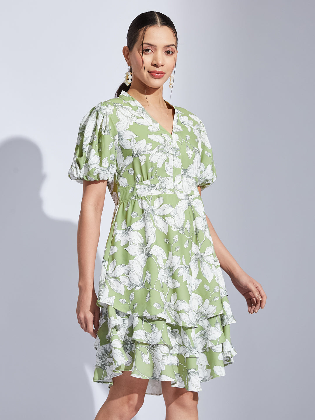 Latin Quarters Women Green V-Neck Half Sleeves Printed A-Line Dress For Casual Wear