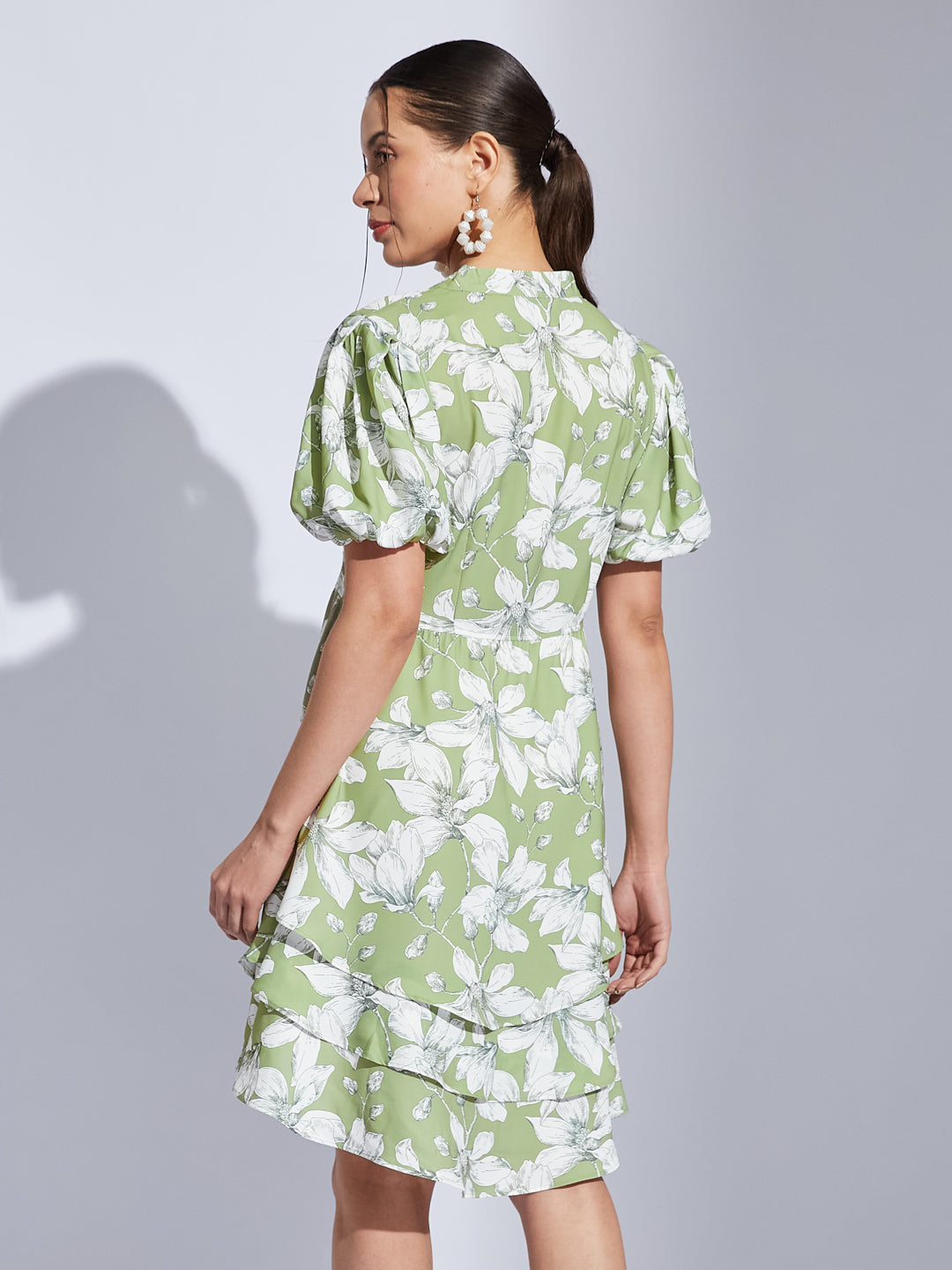 Latin Quarters Women Green V-Neck Half Sleeves Printed A-Line Dress For Casual Wear