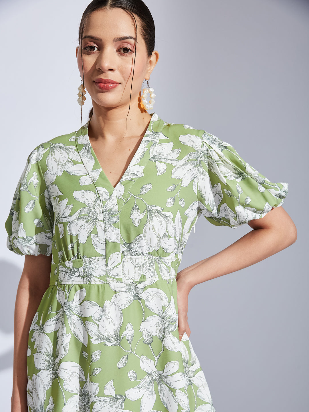 Latin Quarters Women Green V-Neck Half Sleeves Printed A-Line Dress For Casual Wear