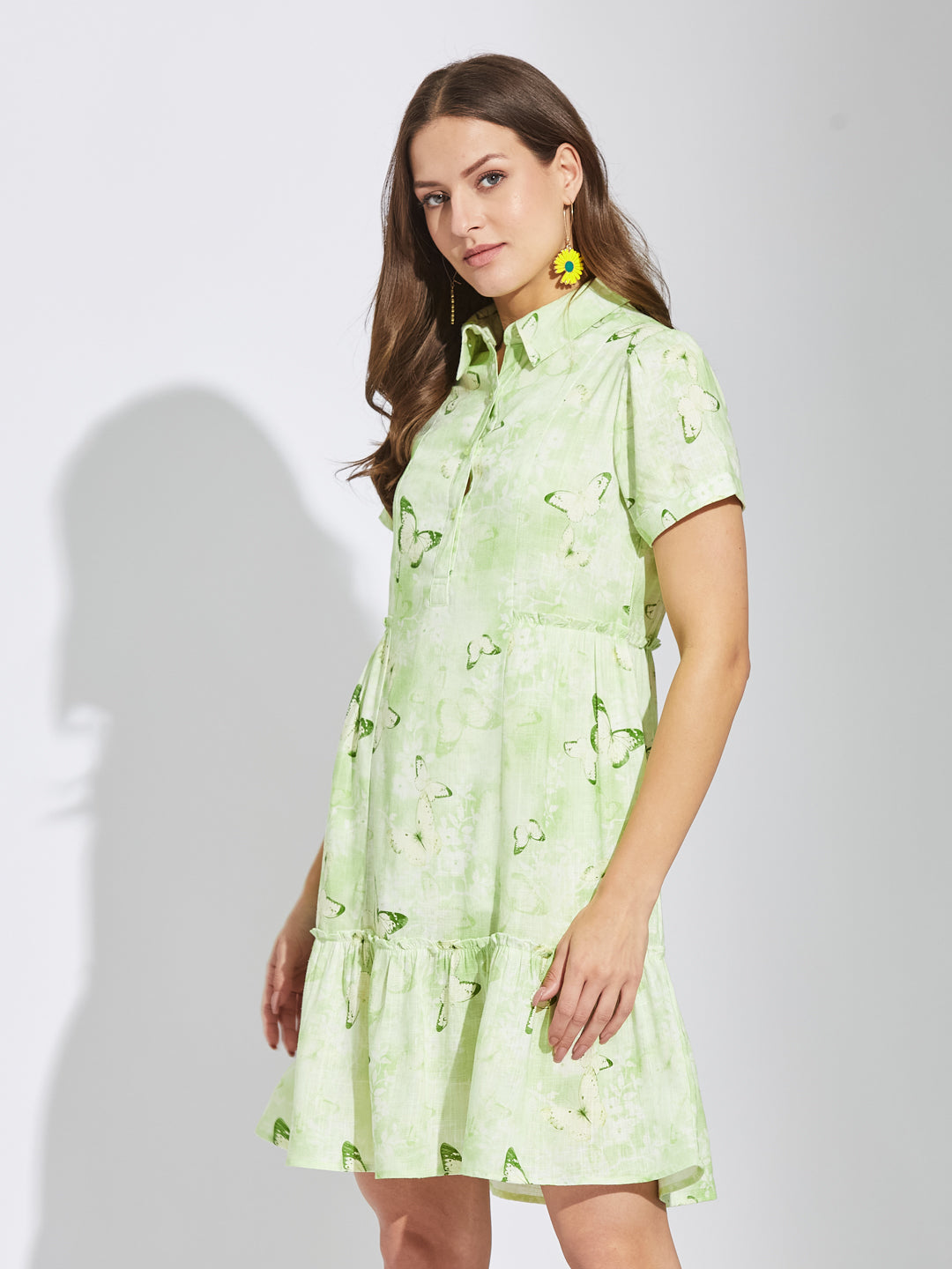Latin Quarters Women Green Collar Neck Half Sleeves Printed Shirt Dress For Casual Wear