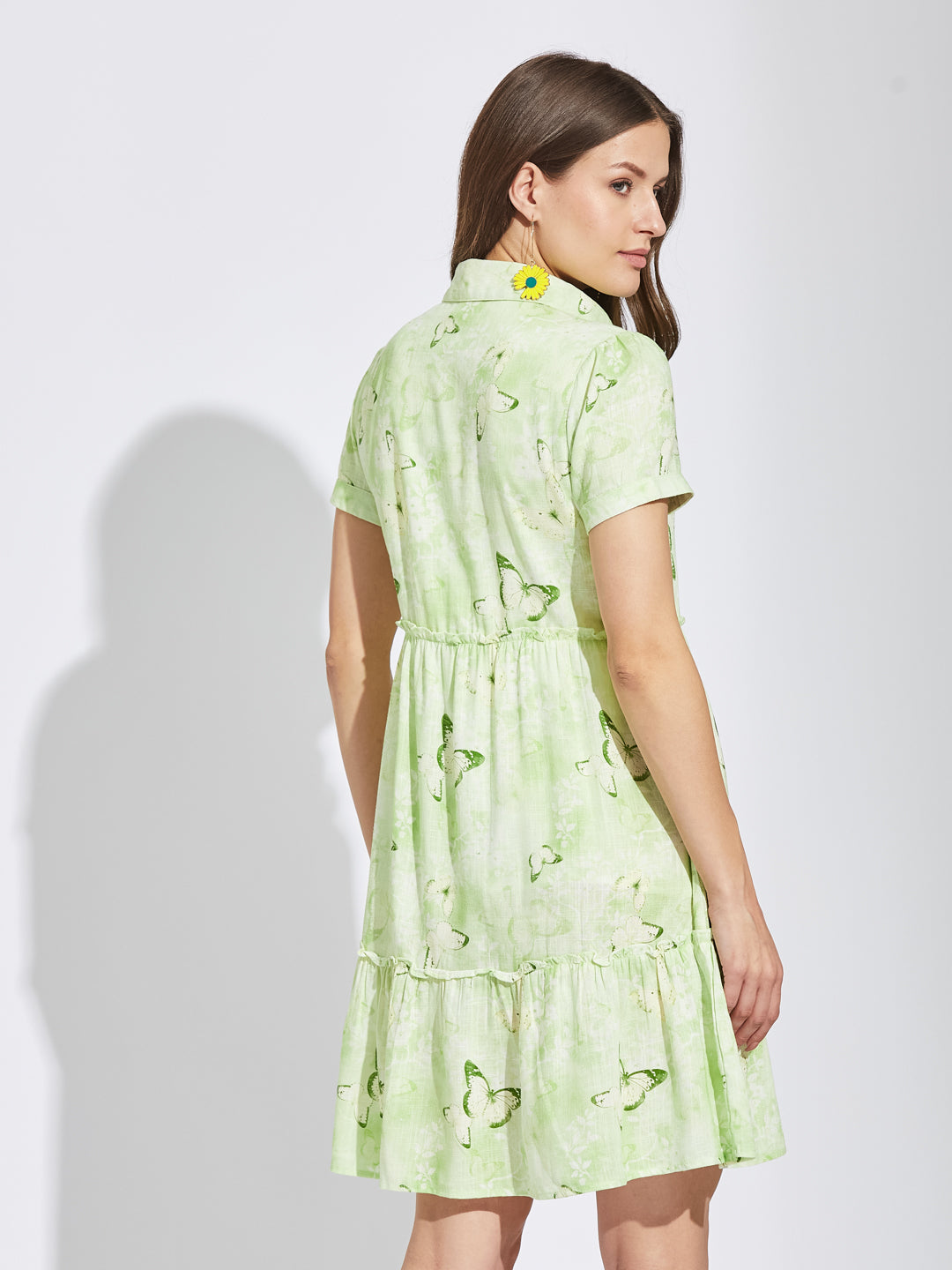 Latin Quarters Women Green Collar Neck Half Sleeves Printed Shirt Dress For Casual Wear