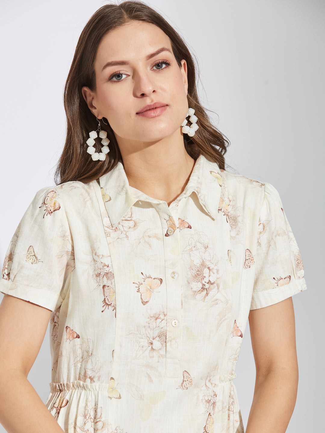 Latin Quarters Women White Collar Neck Half Sleeves Printed Shirt Dress For Casual Wear