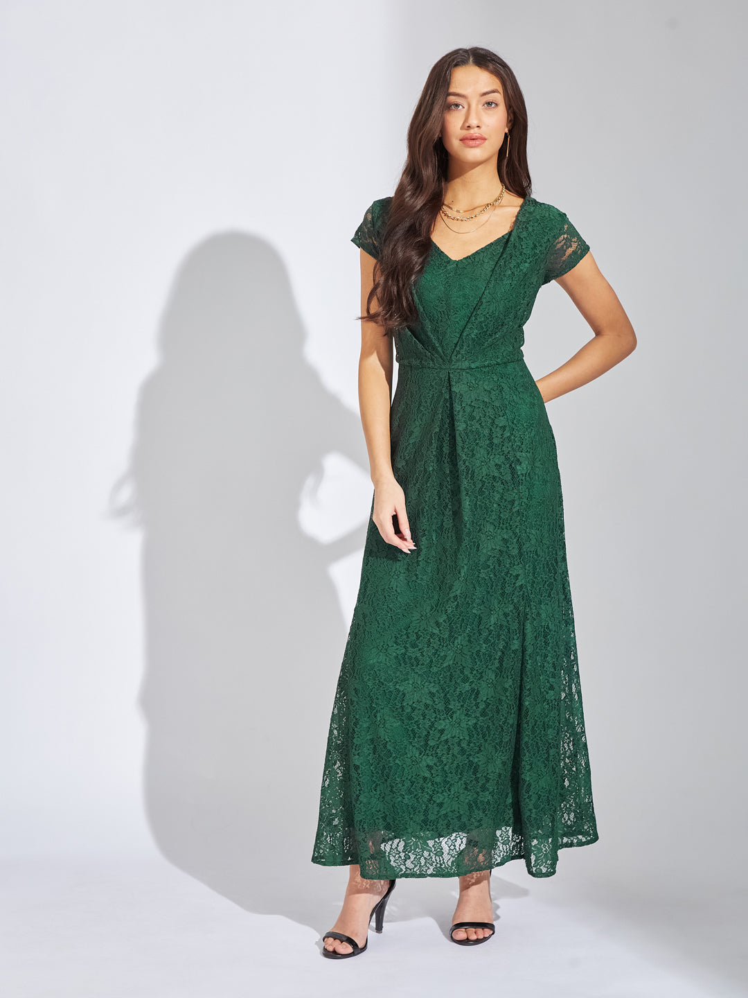 Latin Quarters Women Green V-Neck Cap Sleeves Solid A-Line Dress For Evening