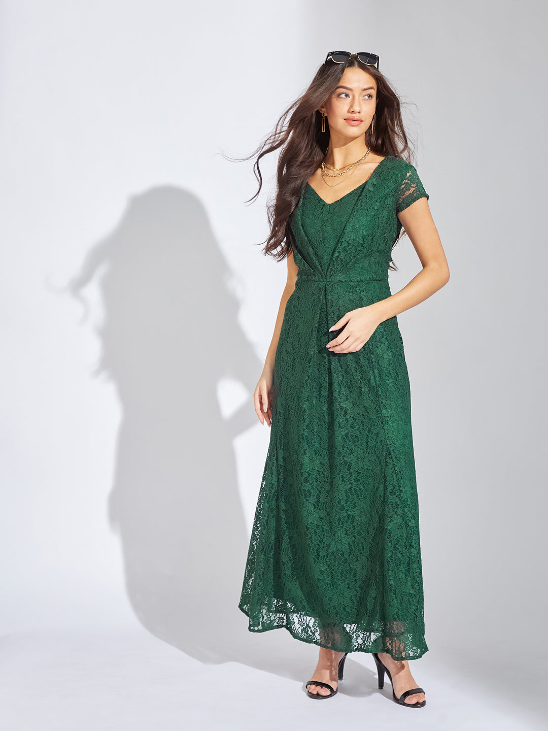 Latin Quarters Women Green V-Neck Cap Sleeves Solid A-Line Dress For Evening