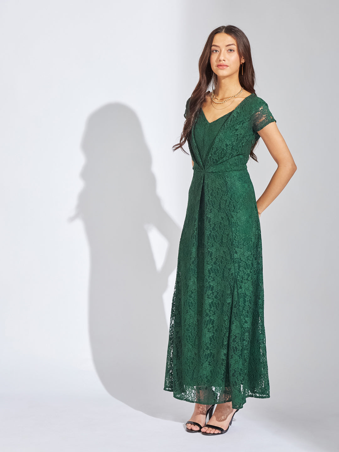 Latin Quarters Women Green V-Neck Cap Sleeves Solid A-Line Dress For Evening