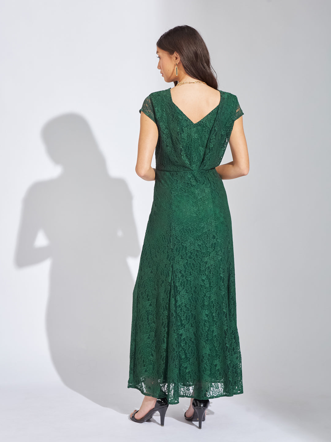 Latin Quarters Women Green V-Neck Cap Sleeves Solid A-Line Dress For Evening