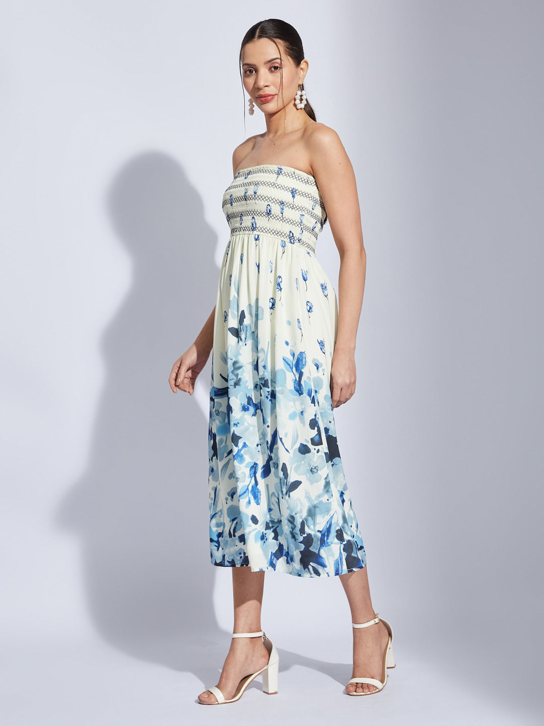 Latin Quarters Women Ivory Tube Neck Printed Fit & Flare Dress For Casual Wear