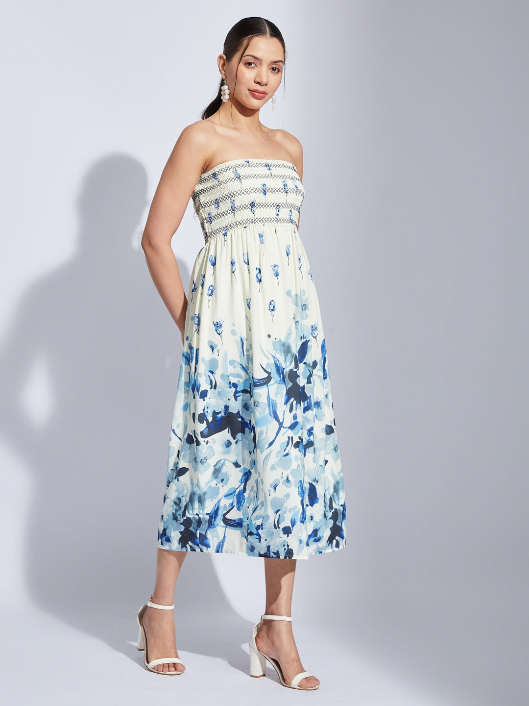Latin Quarters Women Ivory Tube Neck Printed Fit & Flare Dress For Casual Wear