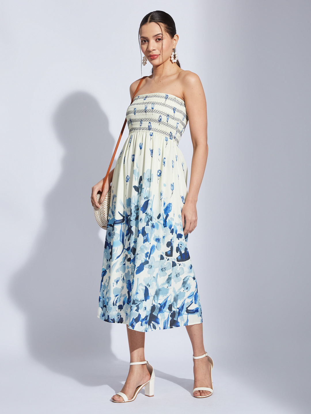 Latin Quarters Women Ivory Tube Neck Printed Fit & Flare Dress For Casual Wear